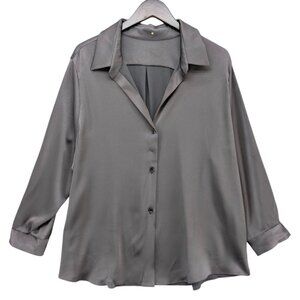 RTW Charleston Satin Blouse Womens Pewter Grey Long Sleeve Button Front Size XXL